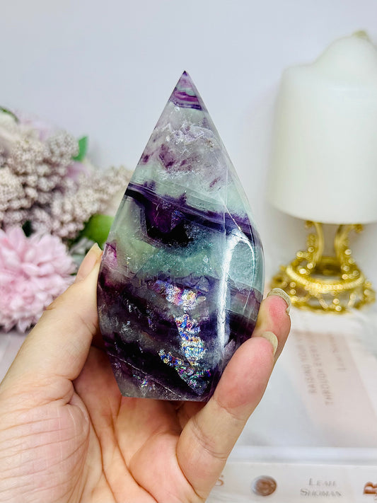 High Grade Large Fluorite Flame with Rainbows 11cm