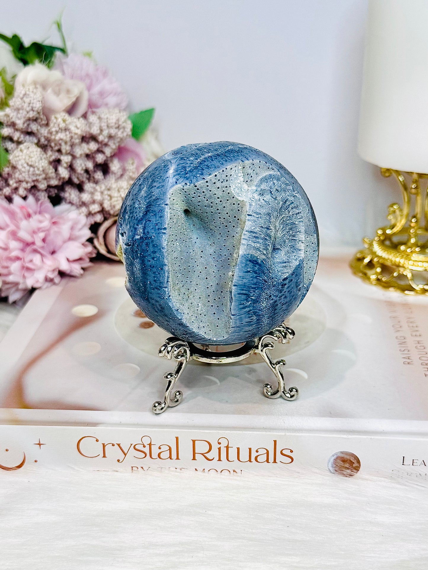 Rare Blue Coral Fossil Sphere on Stand 310g