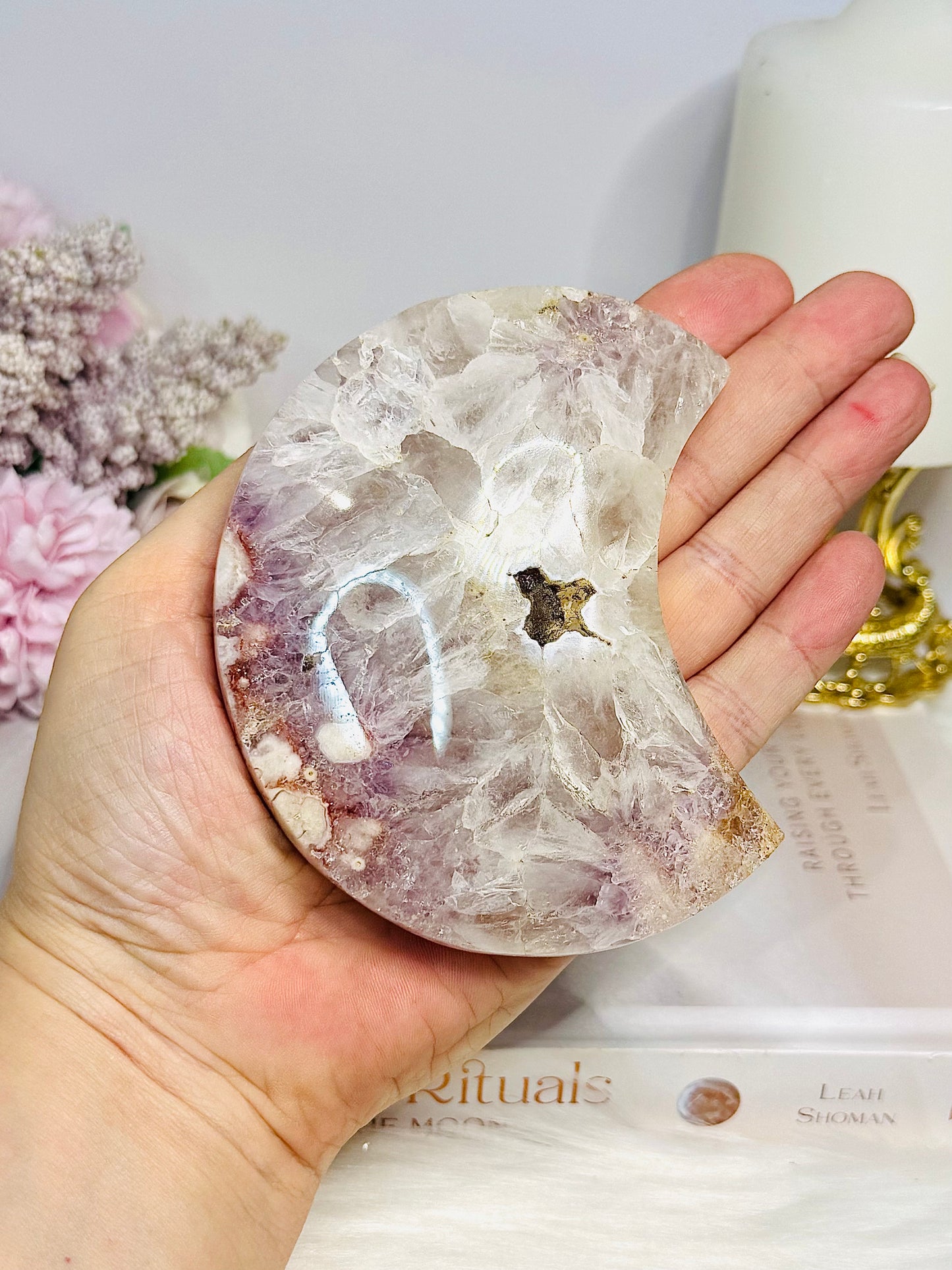 Druzy Pink Amethyst X Flower Agate Moon On Stand 17.5cm