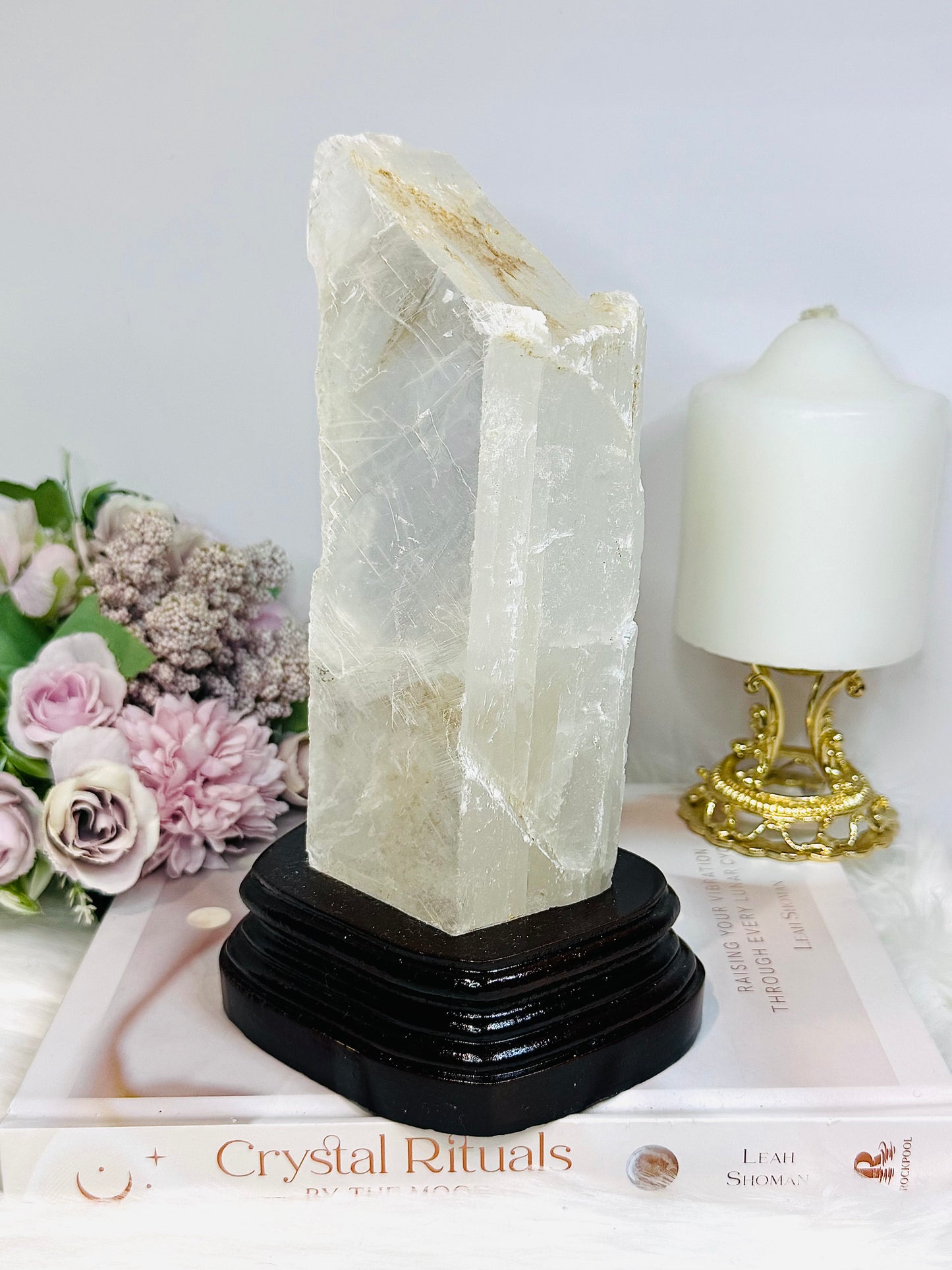 Large Natural Selenite On Timber Stand 21cm 1.1KG