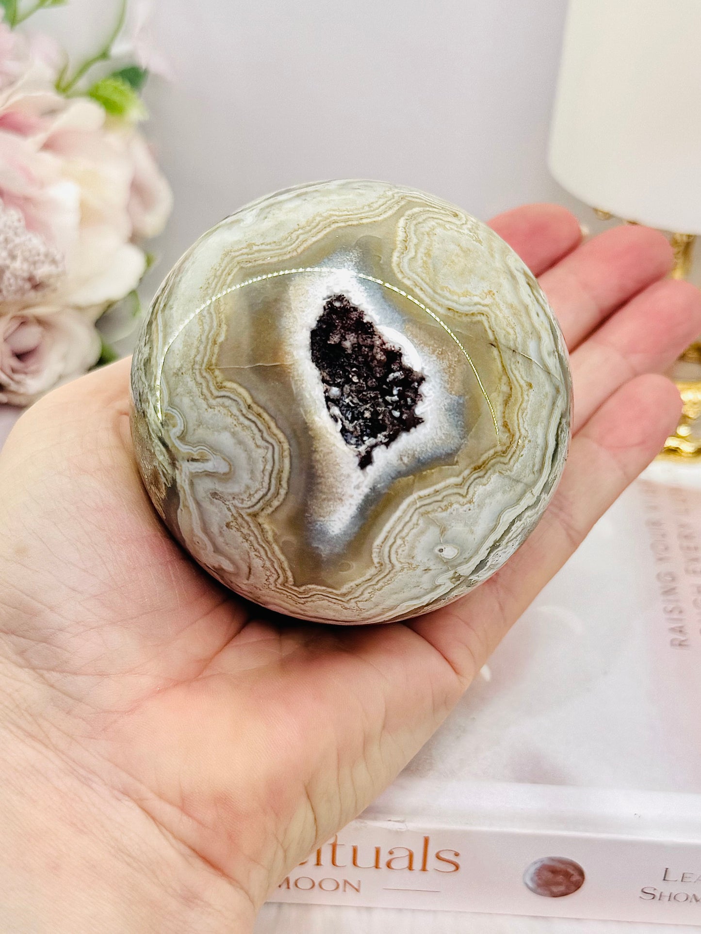 Large Gorgeous Mexican Crazy Lace Agate Druzy Sphere On Stand 552grams