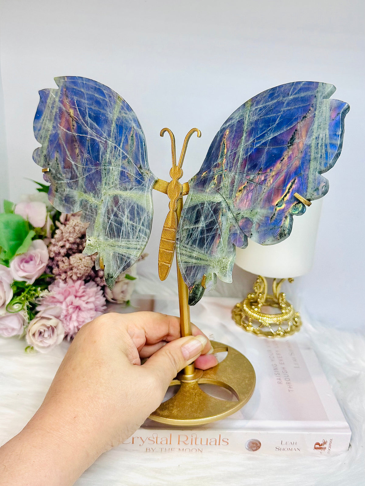 Large Labradorite Butterfly Wings With Purple Flash 21cm Tall