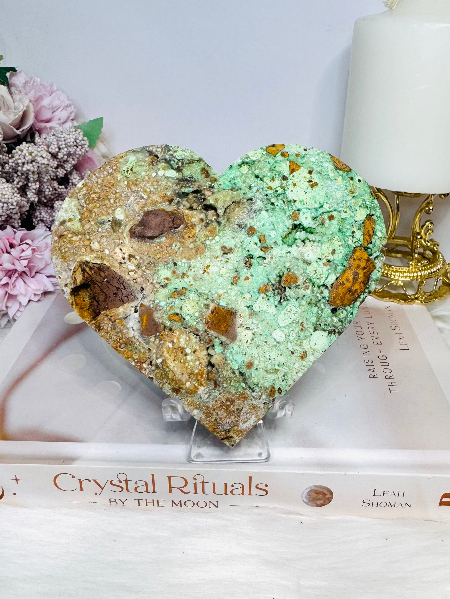 Large Natural Variscite Carved Heart on Stand 12cm