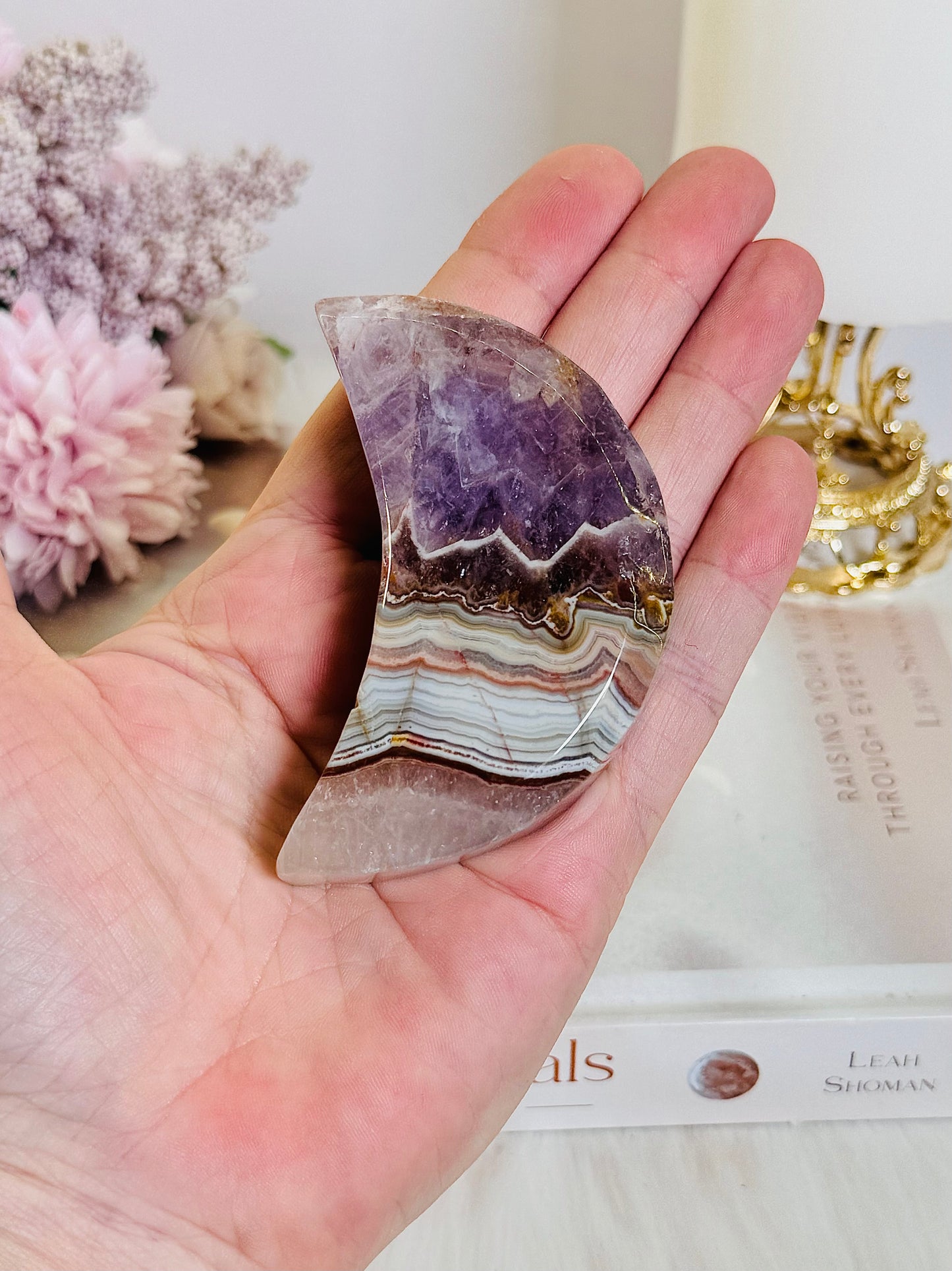 Amethyst X Agate Carved Chunky Moon 8cm