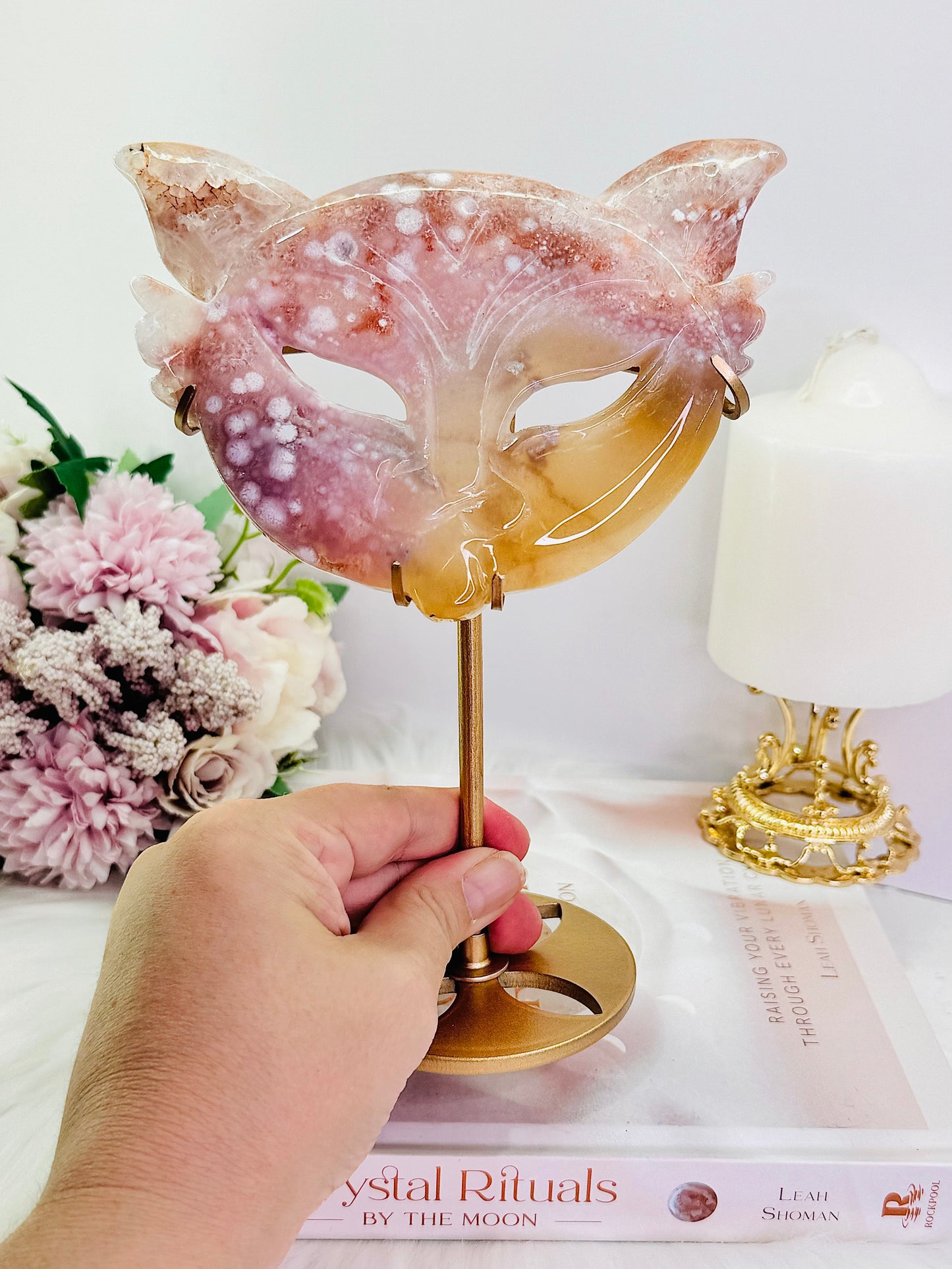 Wowww!!!!! Absolutely Incredible Large 20cm (Inc Stand) Rare Combination | Hybrid Mix Pink Amethyst X Flower Agate Mask On Gold Stand