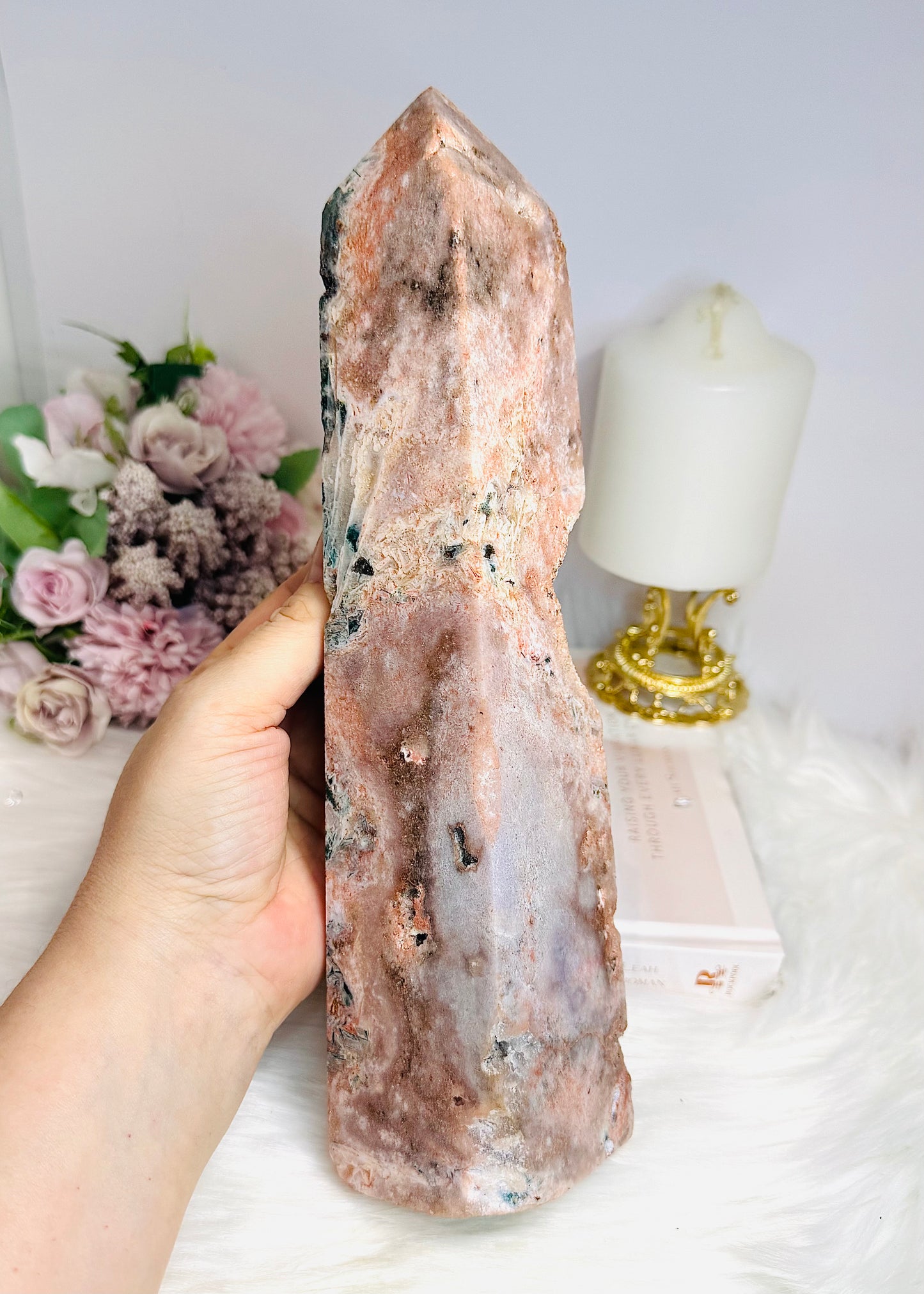 Huge Pink Amethyst Druzy Chunky Tower with Green Jasper Inclusions 27cm 1.7KG