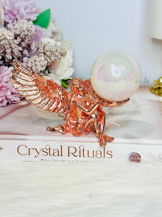 Rose Gold Fairy Stand with Angel Aura Rose Quartz Sphere