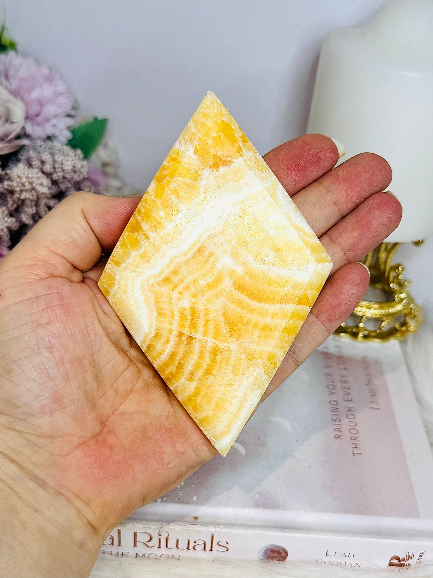 Orange Calcite Diamond Carving On Stand 18cm