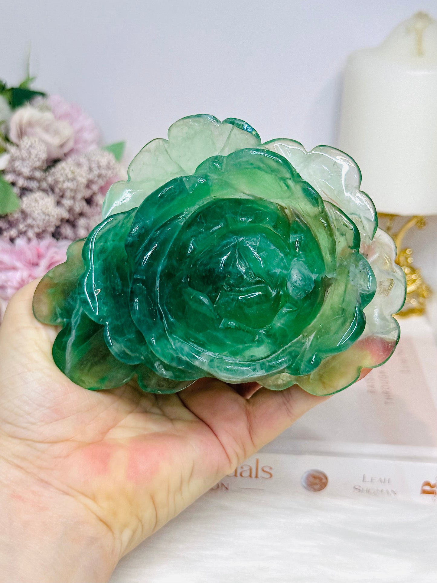 Large Green Fluorite Carved Flower 13cm