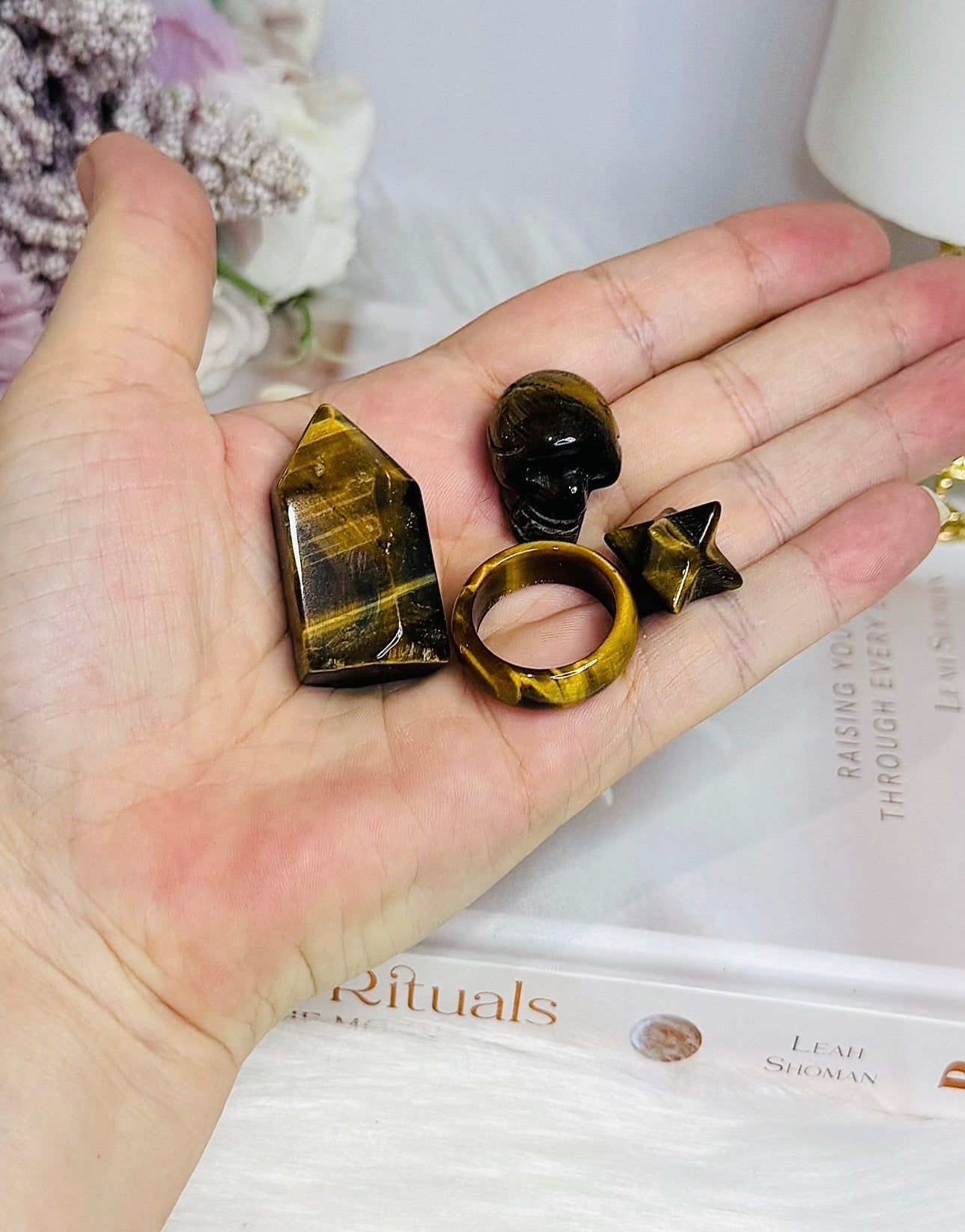 Tigers Eye Tower, Ring, Skull & Merkaba Carvings