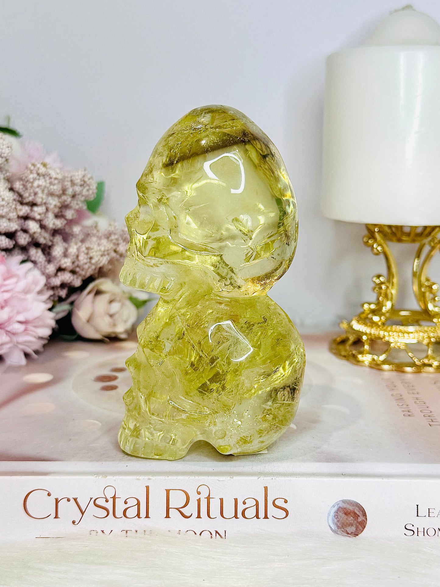 High Grade Citrine Carved Skulls with Rainbows 12cm 425g