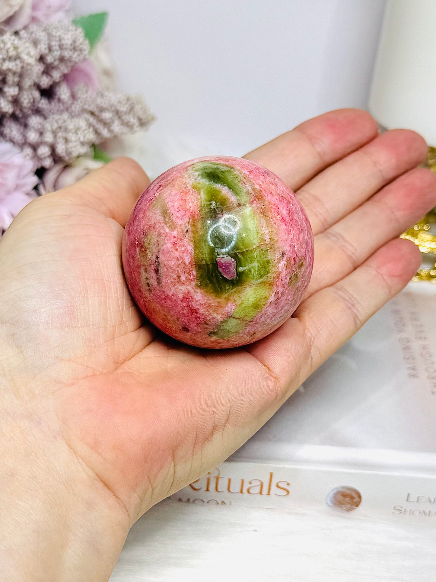 Thulite Sphere with Epidote 202g On Stand