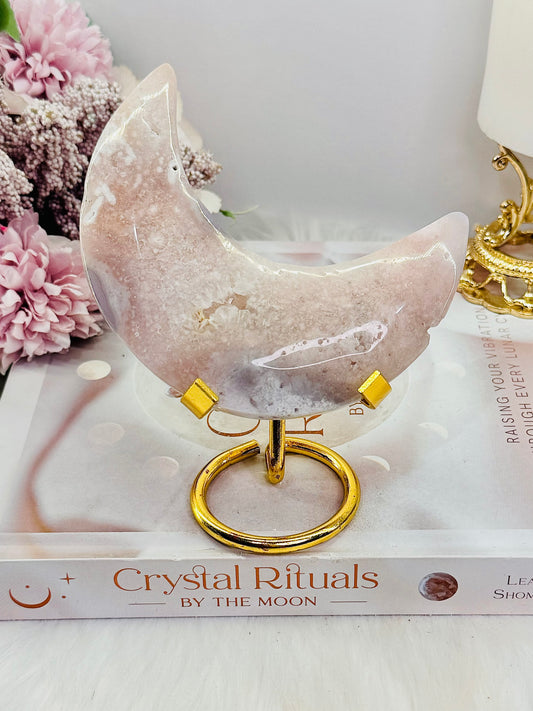 Incredible Druzy Pink Amethyst Moon 11cm On Gold Stand