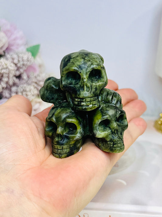 Green Jade 3 Skull & Cross Bones Carving 7cm