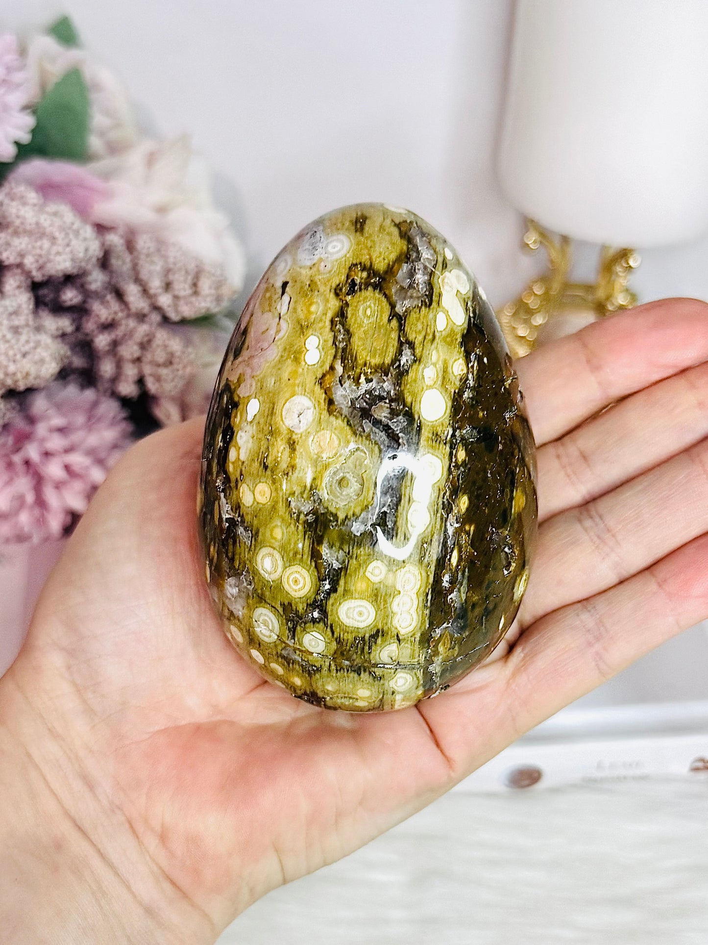 Large Orbicular Ocean Jasper Druzy Egg On Stand 423g