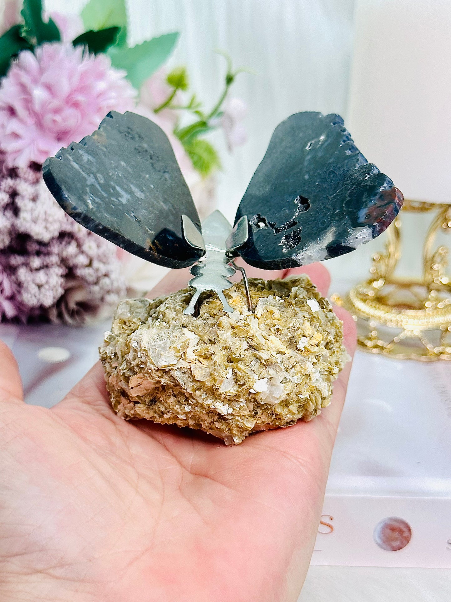 Stunning Druzy Agate Butterfly on Gold Mica Specimen