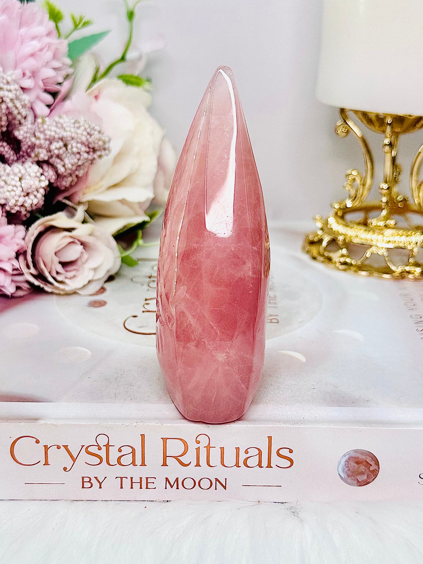 Absolutely Divine 9cm High Grade Rose Quartz Evil Eye Carved Flame