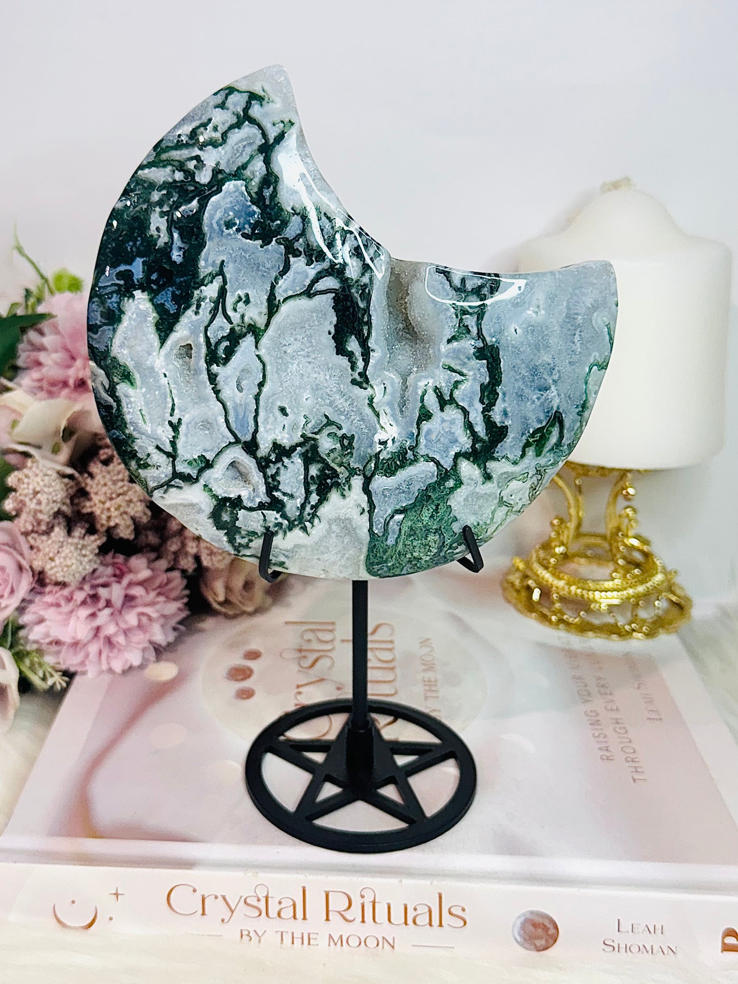 Huge Moss Agate Druzy Carved Moon On Stand 22cm