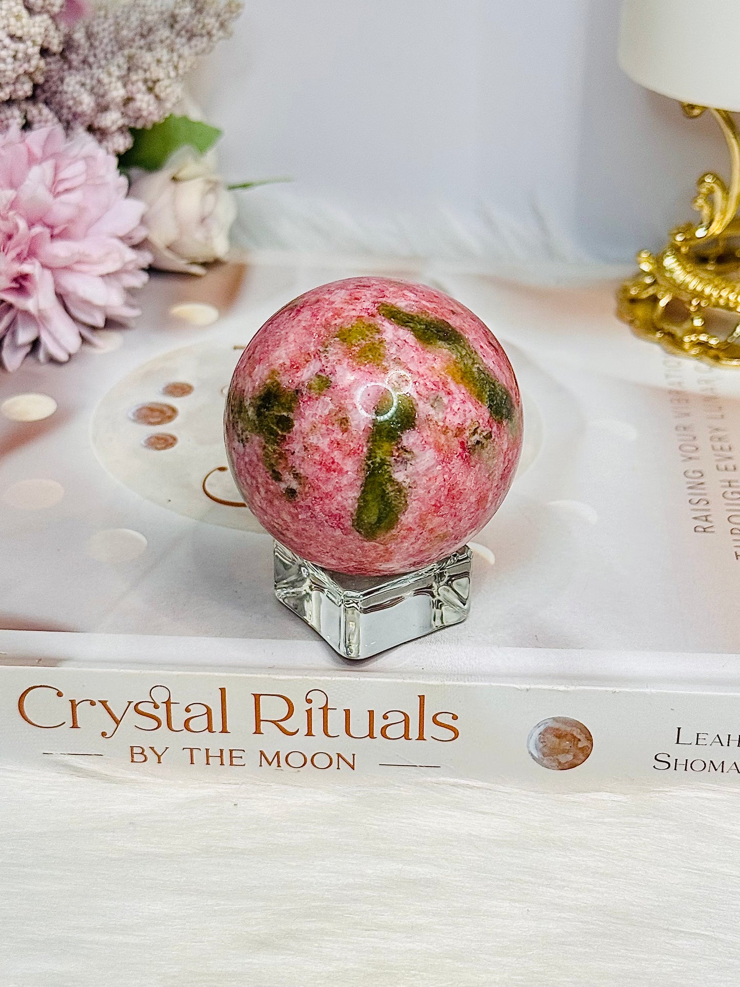 Thulite Sphere with Epidote 201g On Stand