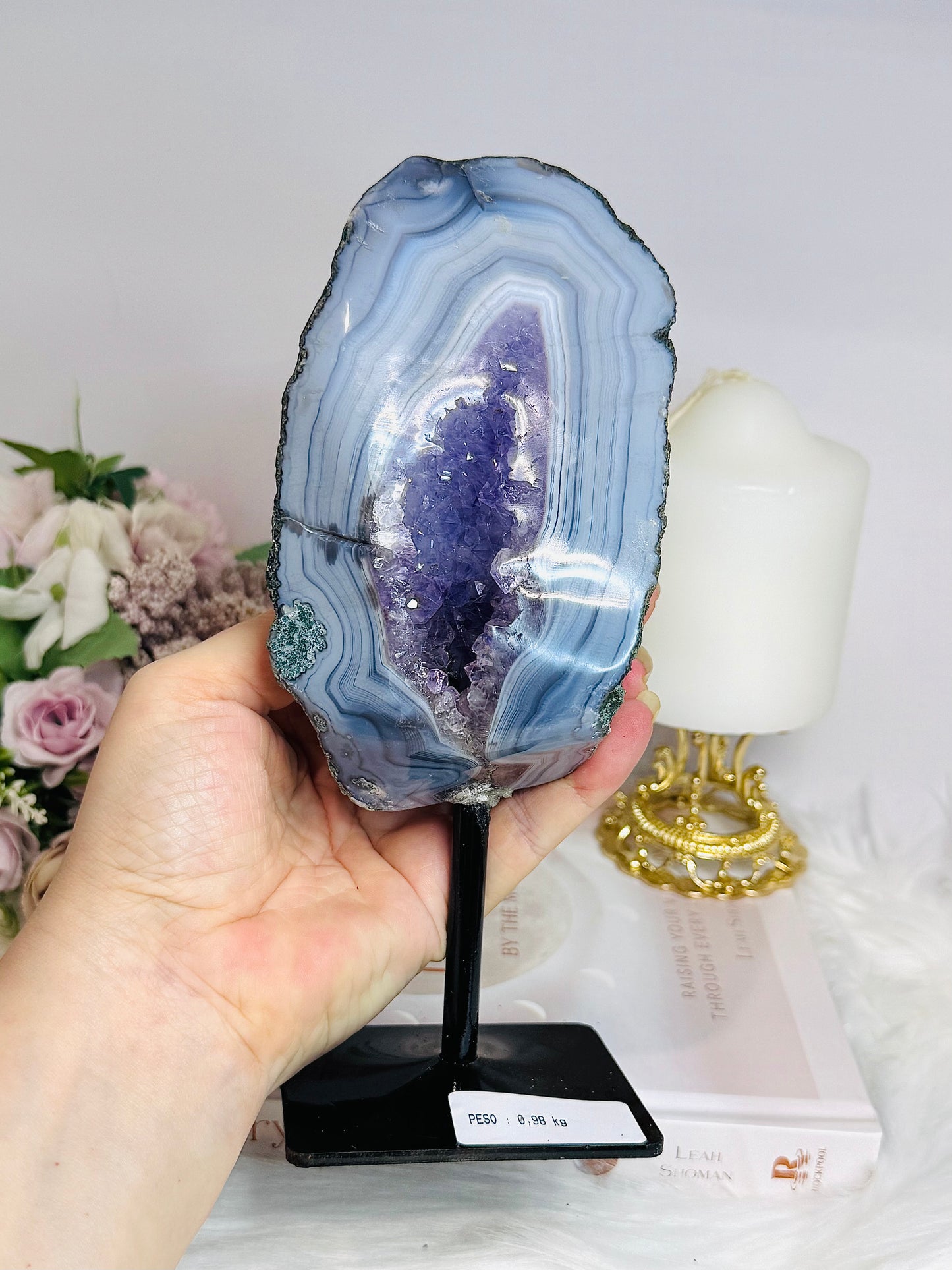 Large Amethyst X Agate Natural Druzy Freeform on Stand 21cm 989g