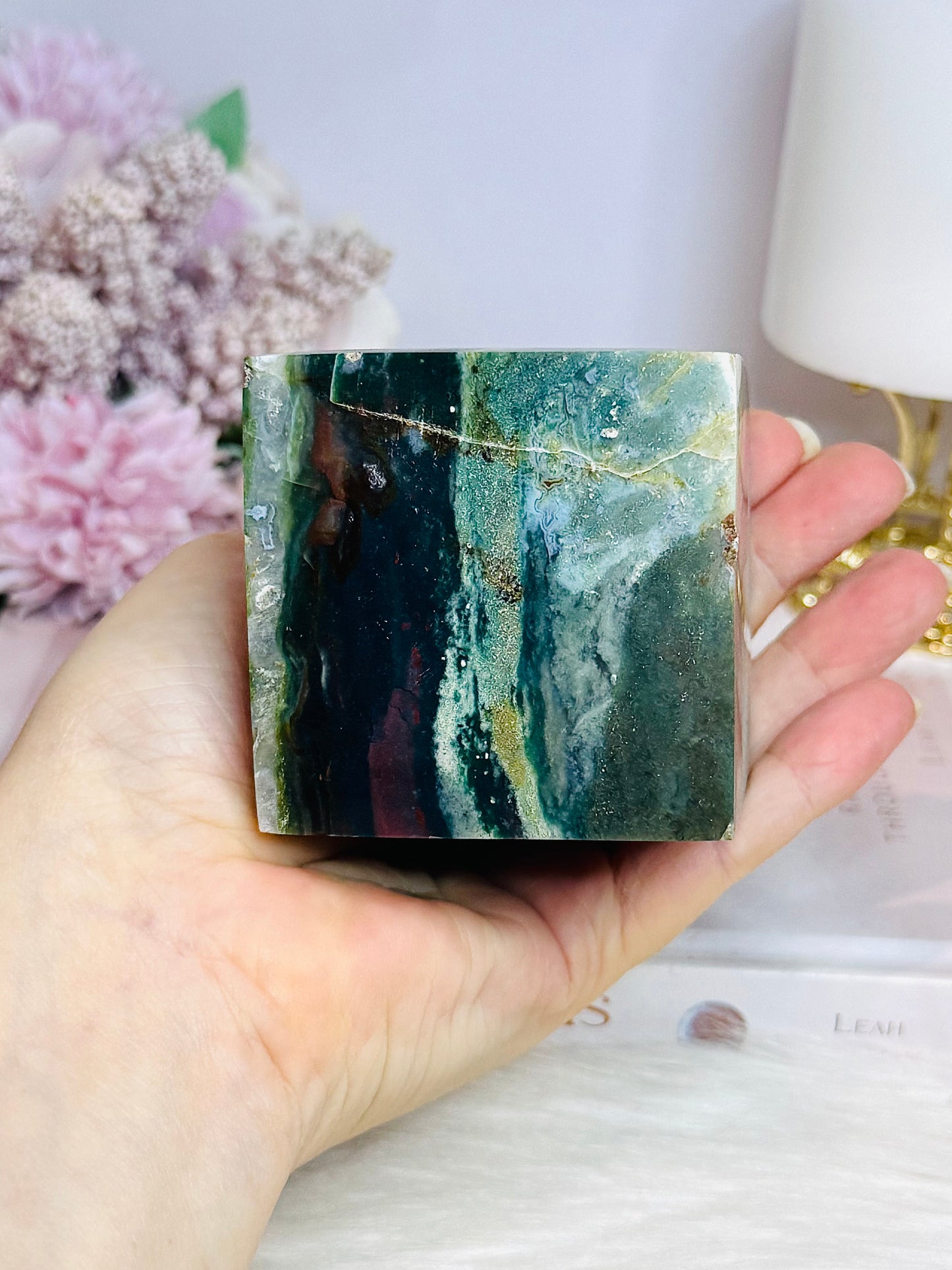 Large Ocean Jasper Carved Cube 611g
