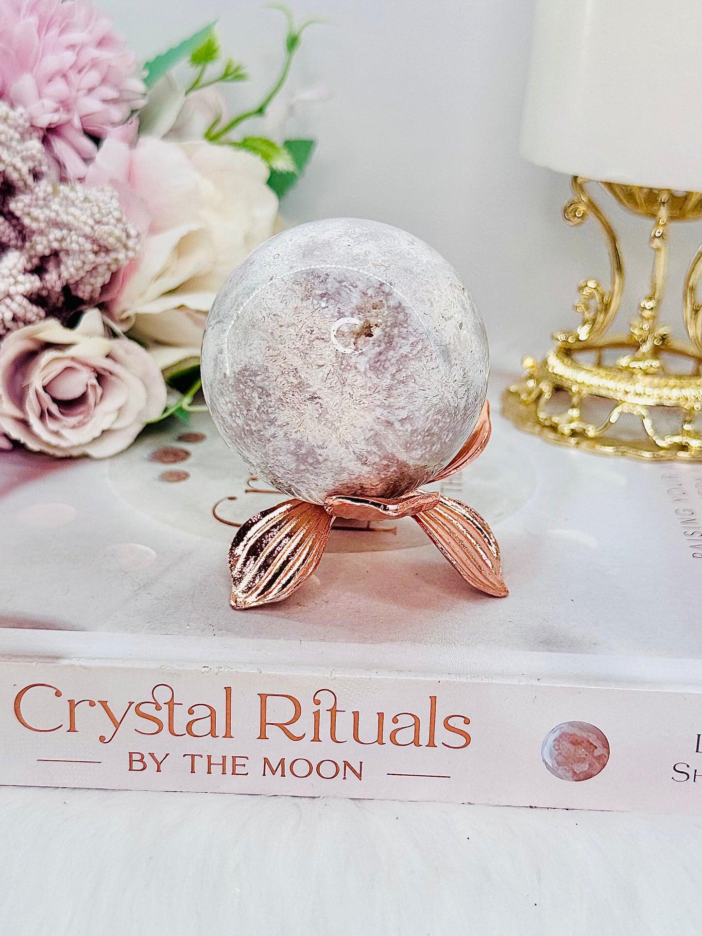 Absolutely Gorgeous Pink Amethyst Sphere On Rose Gold Flower Stand 207grams