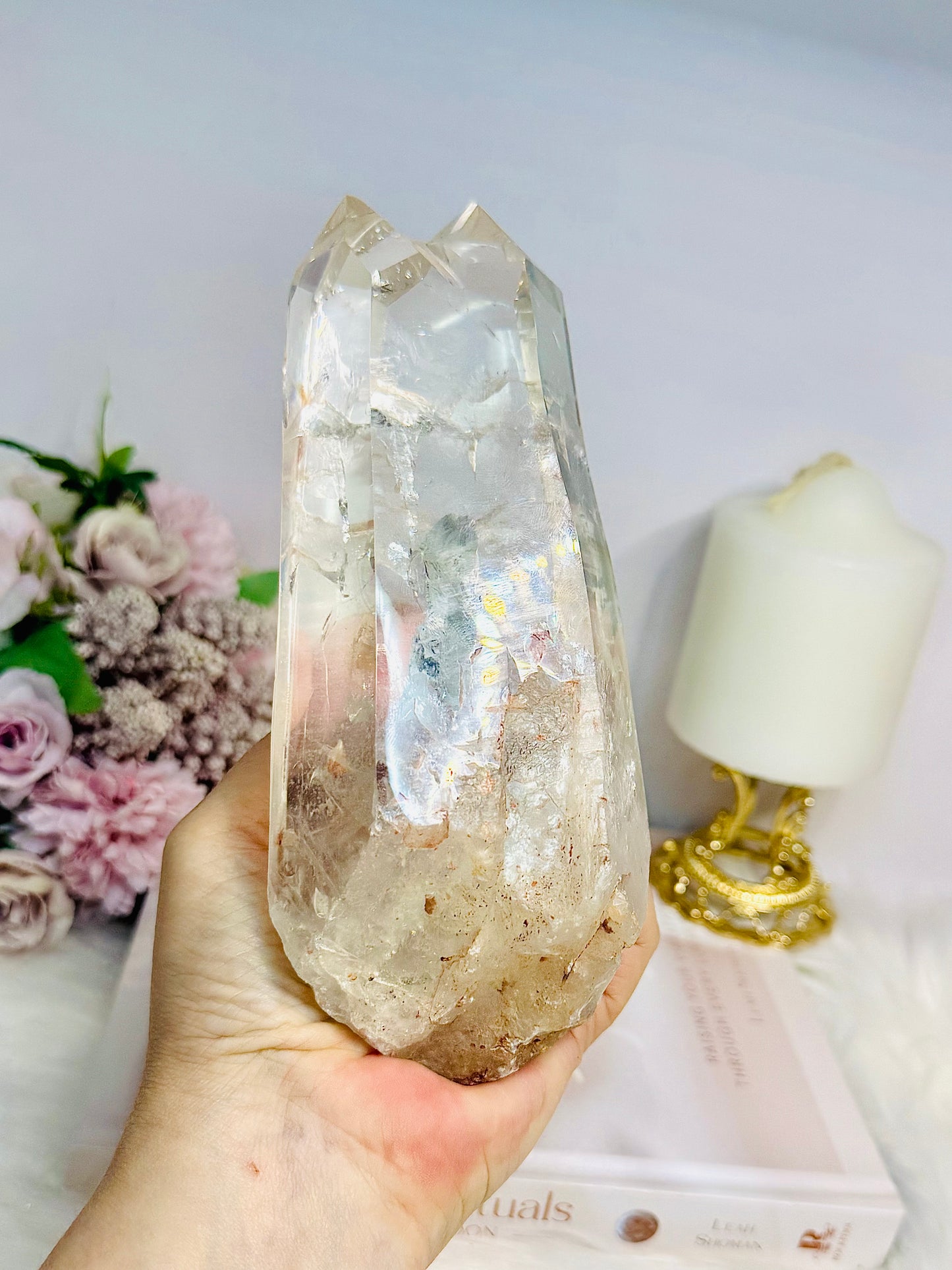 High Grade Clear Quartz Twin | Double Tower with Rainbows on Stand 18.5cm 961g