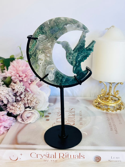 Moss Agate Carved Hummingbird & Moon On Stand 17cm