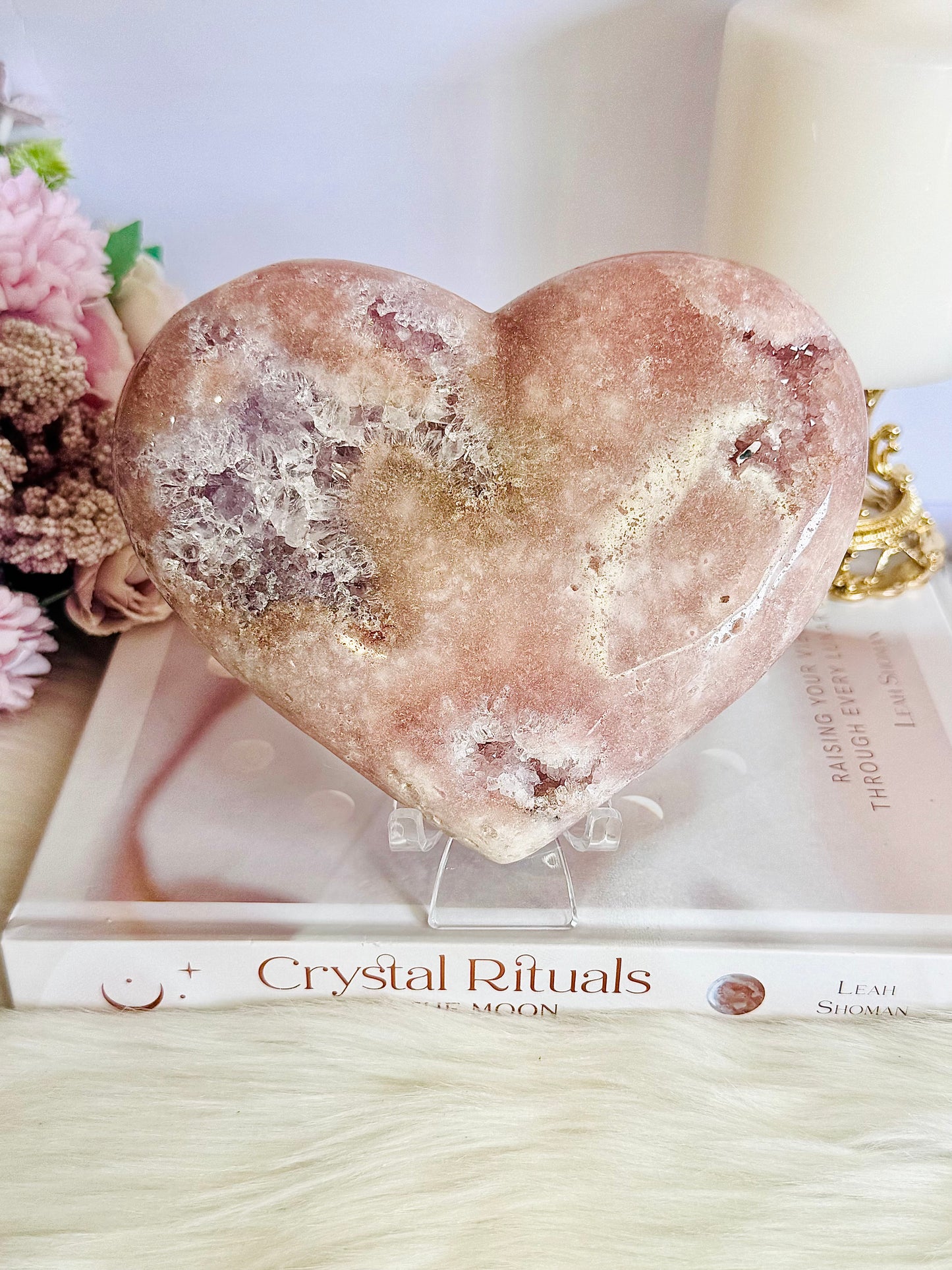 Classy & Fabulous Large Druzy Pink Amethyst Puffy Heart On Stand 832gram