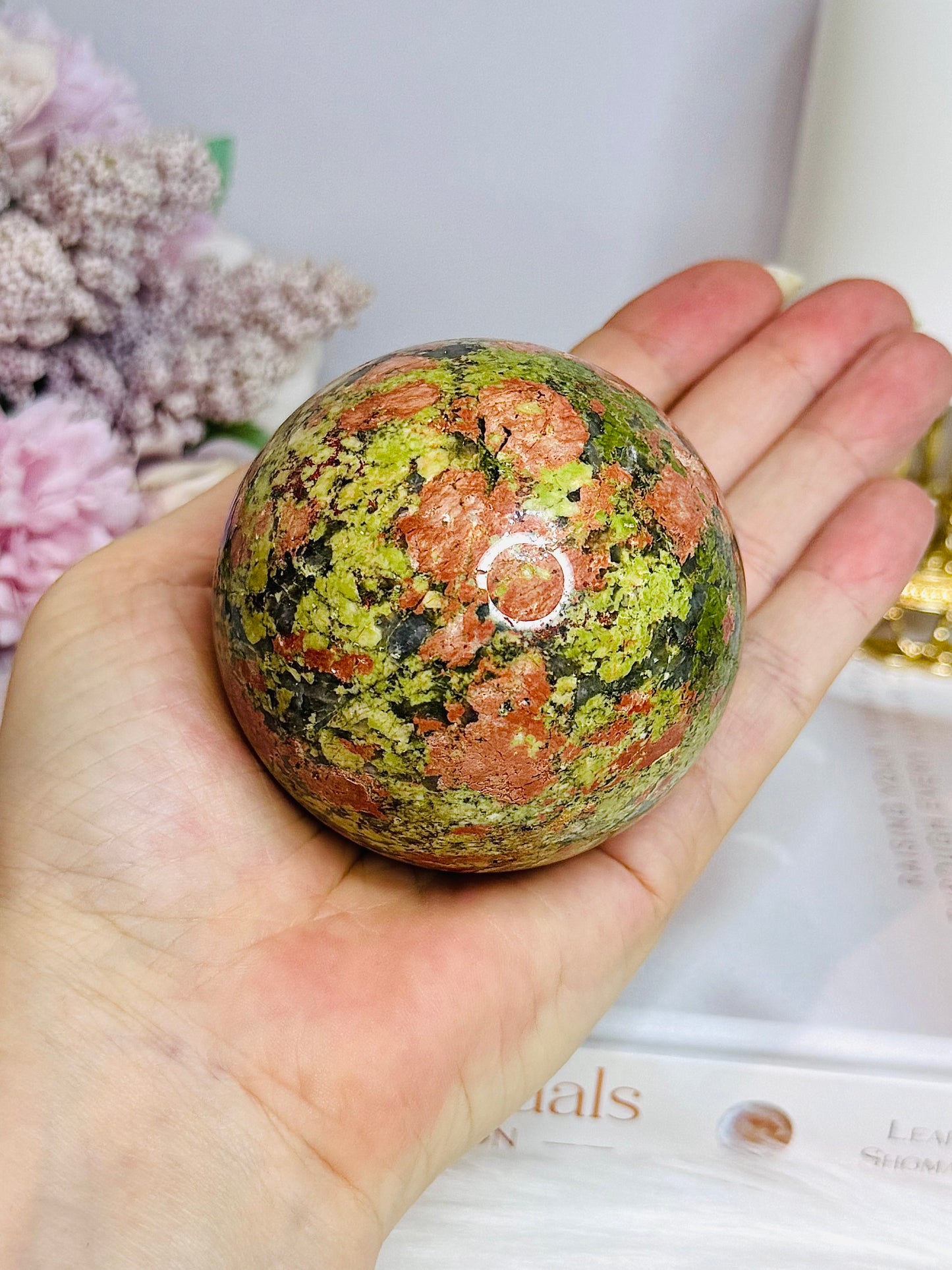 High Grade Large Unakite Sphere on Stand 454g