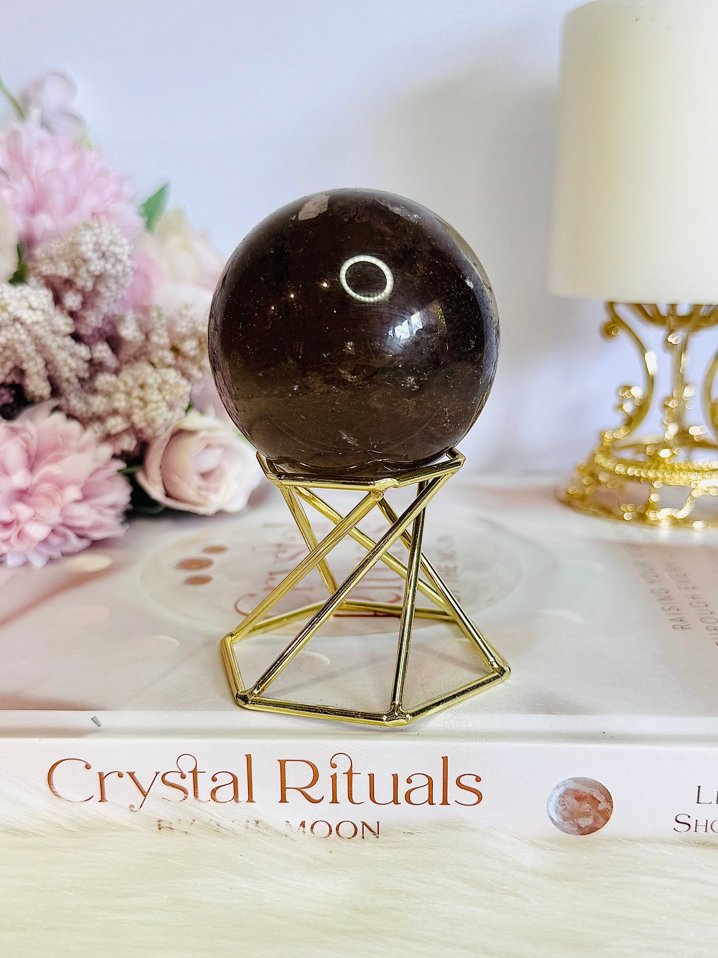 Supports Anxiety & Depression ~ Smokey Quartz Sphere on Gold Stand 10cm