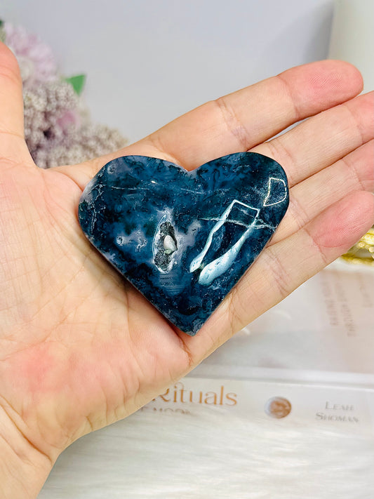 Druzy Moss Agate Carved Moon
