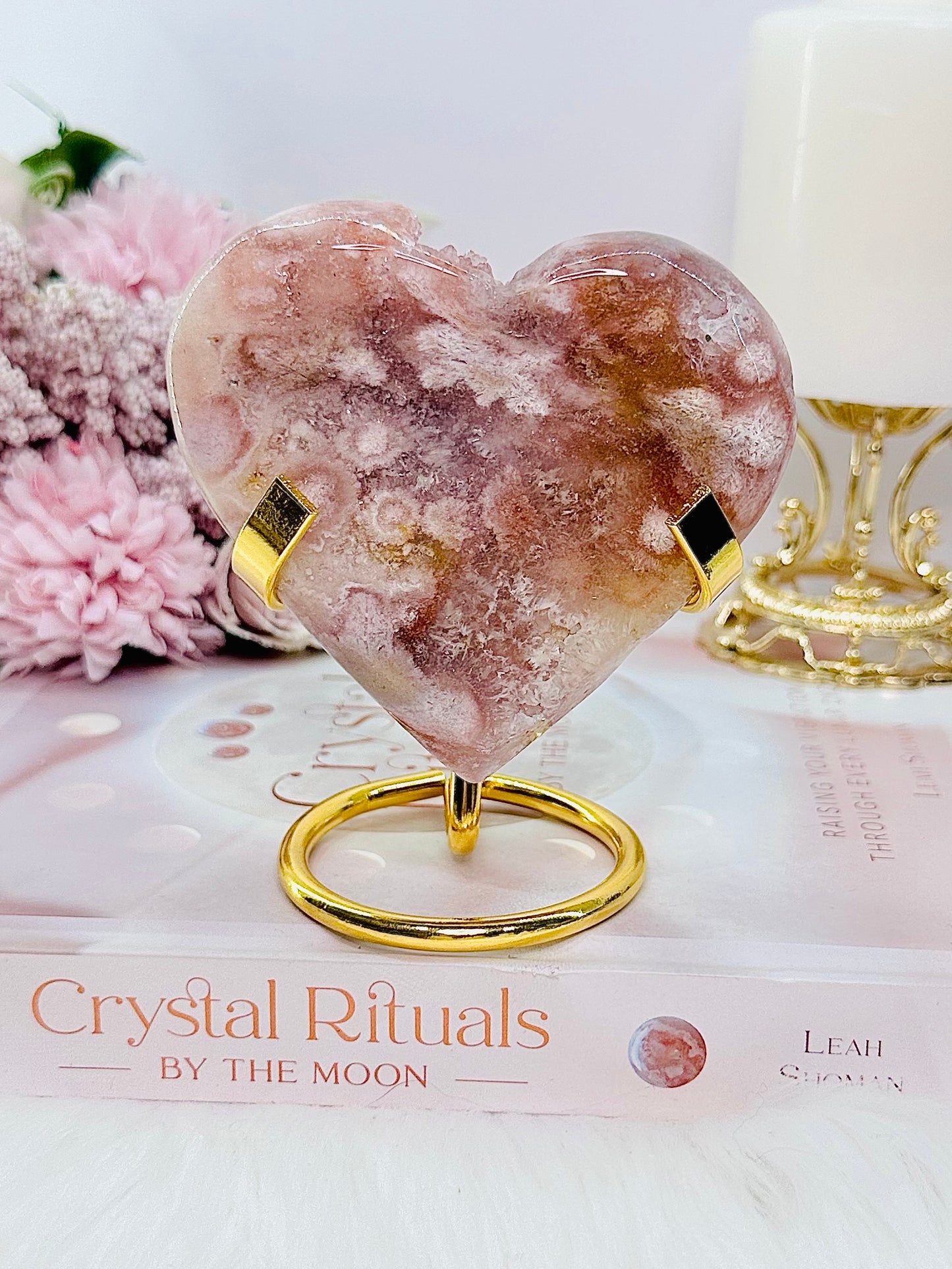 Stunning Rare Combination Pink Amethyst Druzy X Flower Agate Heart 298grams On Gold Stand