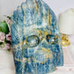 Large Natural Blue Onyx Carved Skull with Feather Headdress 19.5cm