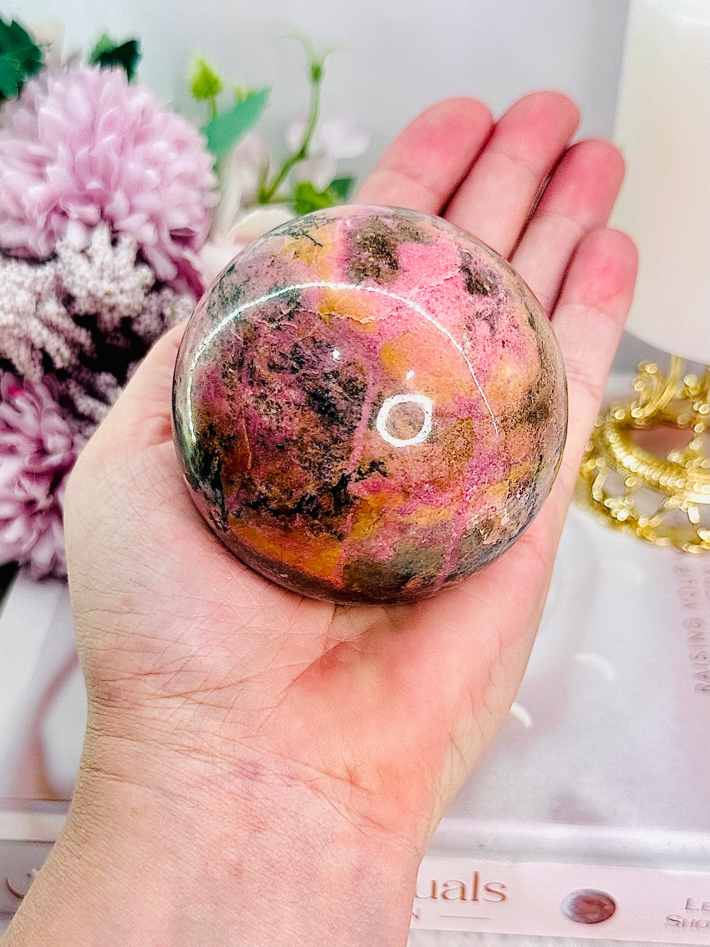 Fabulous Large 603gram Perfect Rhodonite Sphere On Stand