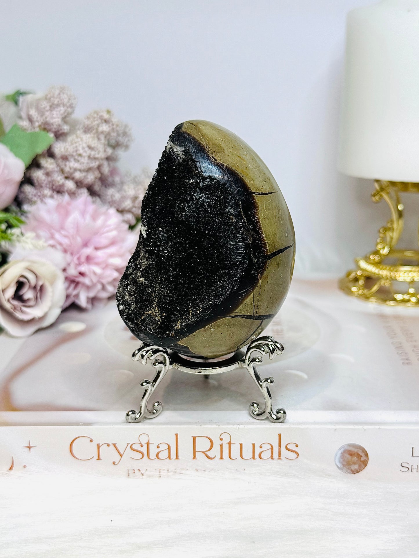 Druzy Septarian Egg on Stand 344g
