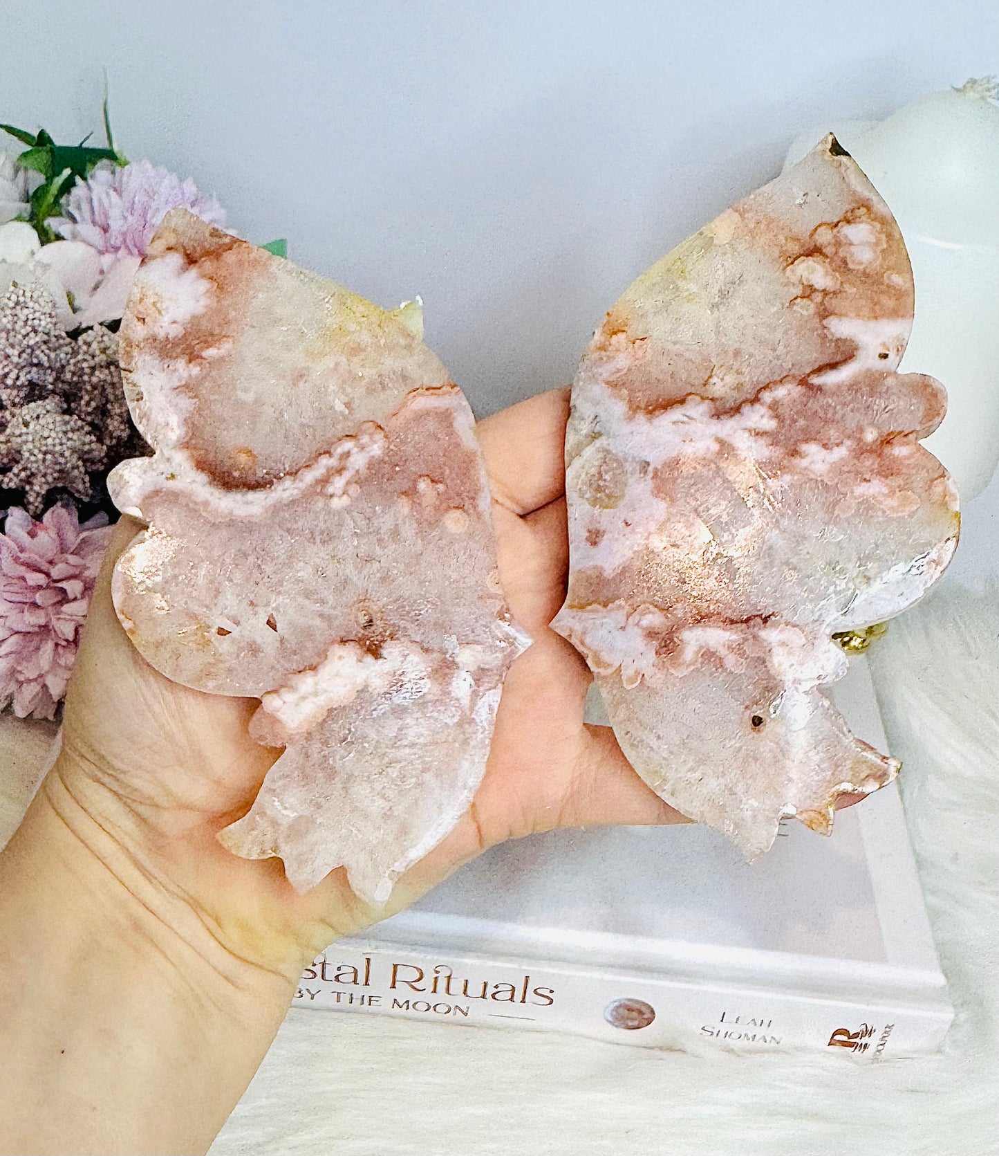 Flower Agate Carved Wings On Stand 20cm