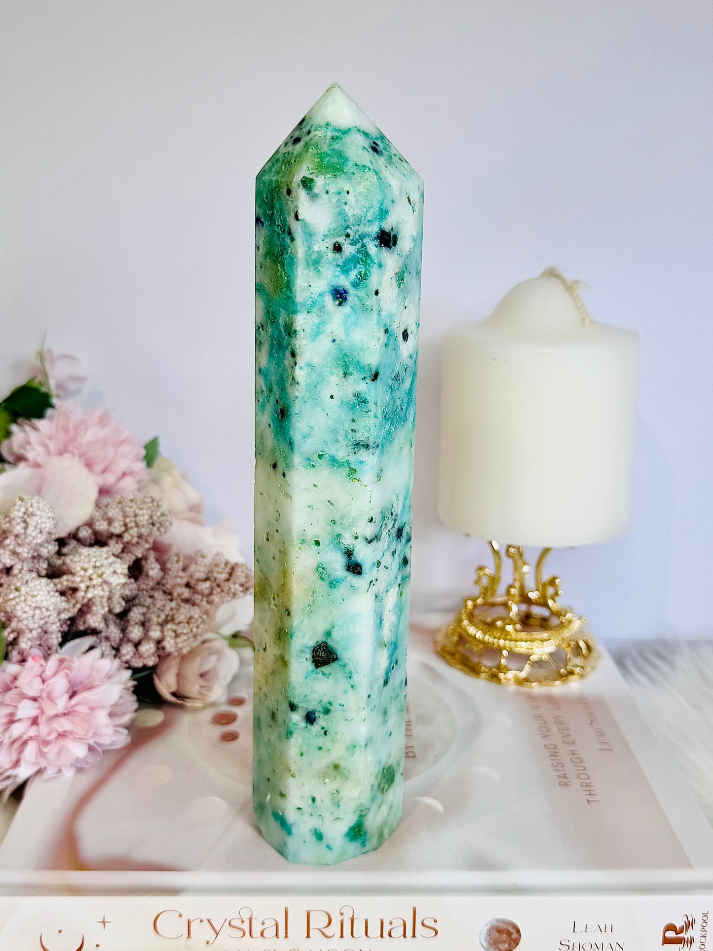 Large Natural 21.5cm Carved Phoenix Stone (Malachite, Turquoise, Crysocolla) Carved Tower