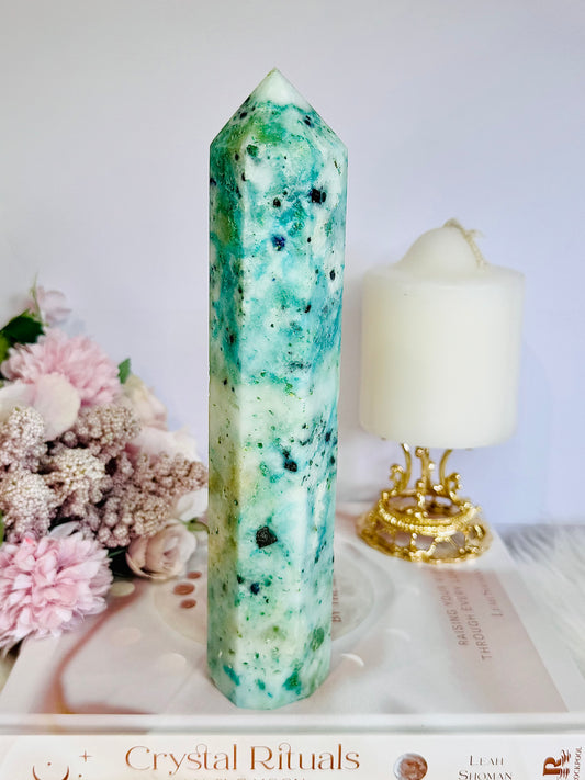 Large Natural 21.5cm Carved Phoenix Stone (Malachite, Turquoise, Crysocolla) Carved Tower