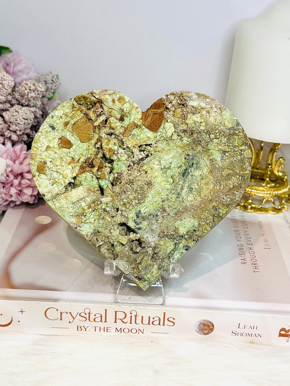 Large Natural Variscite Druzy Carved Heart on Stand 12cm
