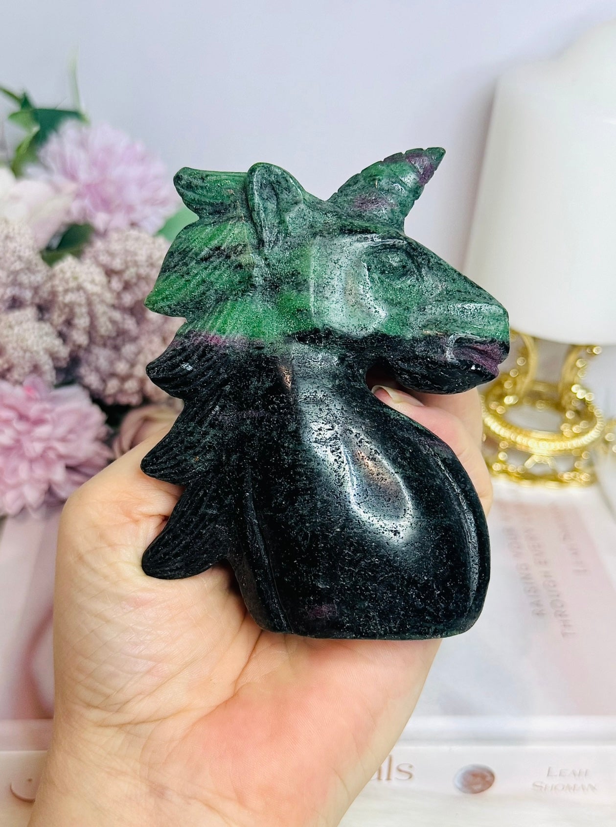 Ruby In Zoisite Carved Unicorn UV Reactive 10cm