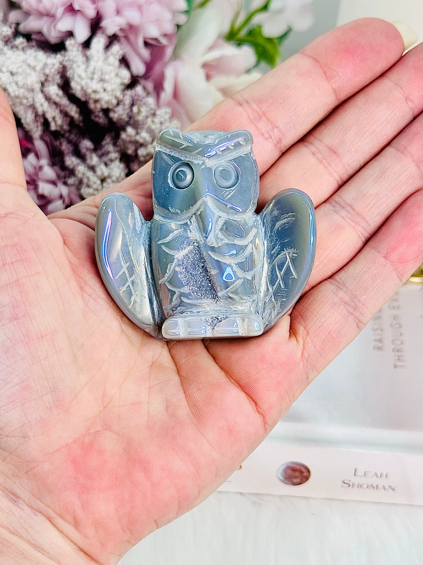 Stunning Angel Aura Agate Druzy Carved Owl