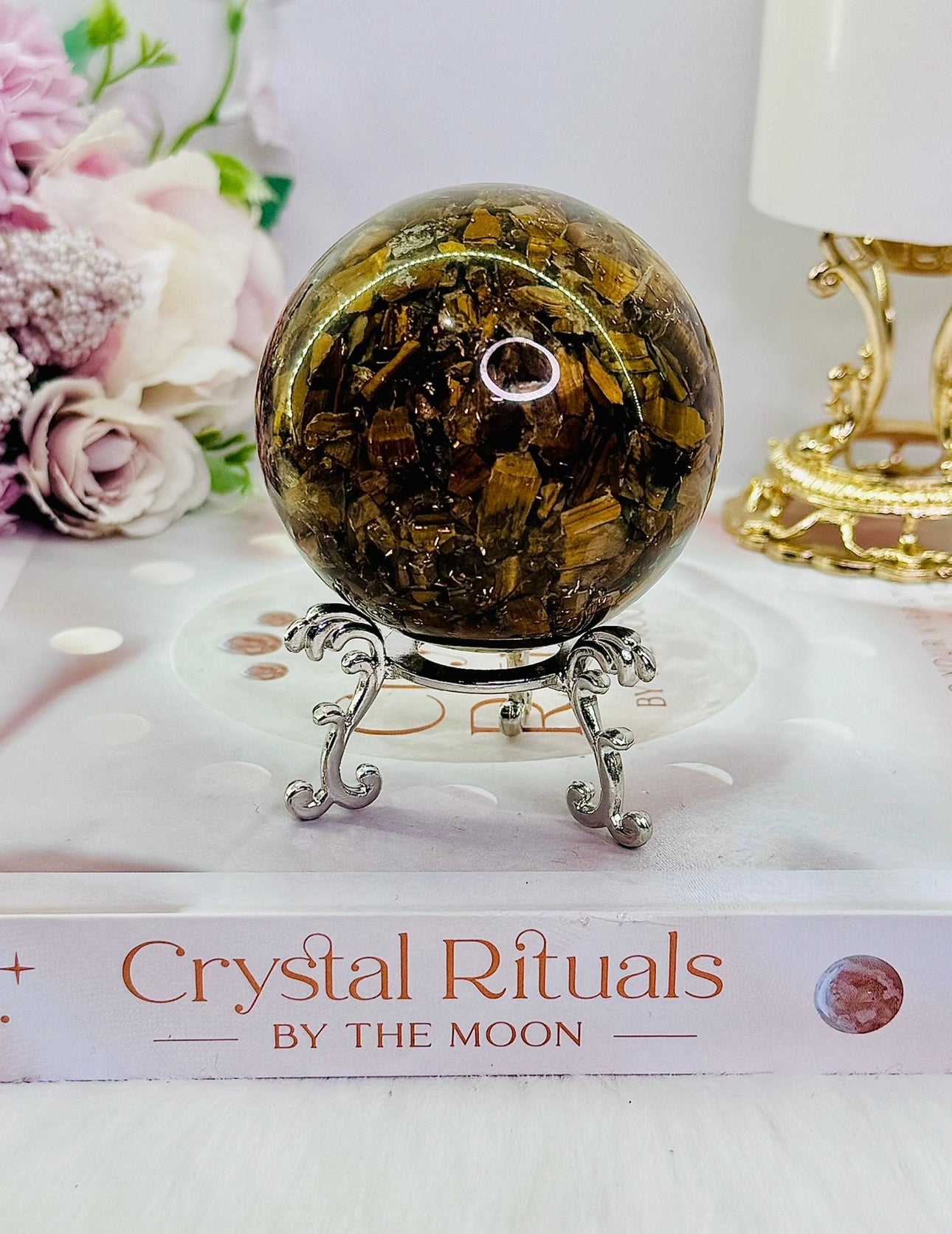 Gorgeous Tigers Eye Filled Orgonite Sphere On Stand