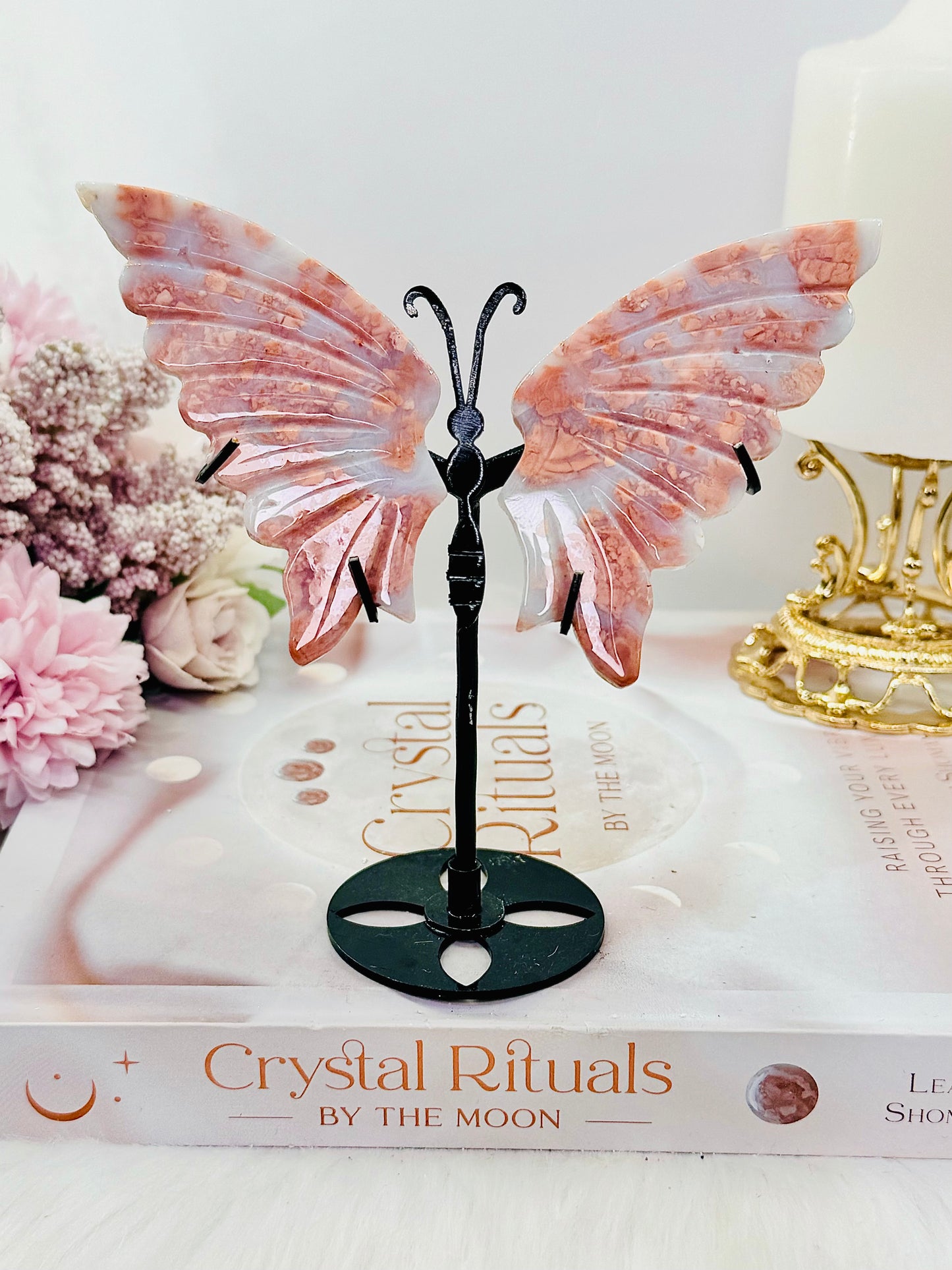 Beautiful 13cm Pink Agate Butterfly Wings On Black Stand