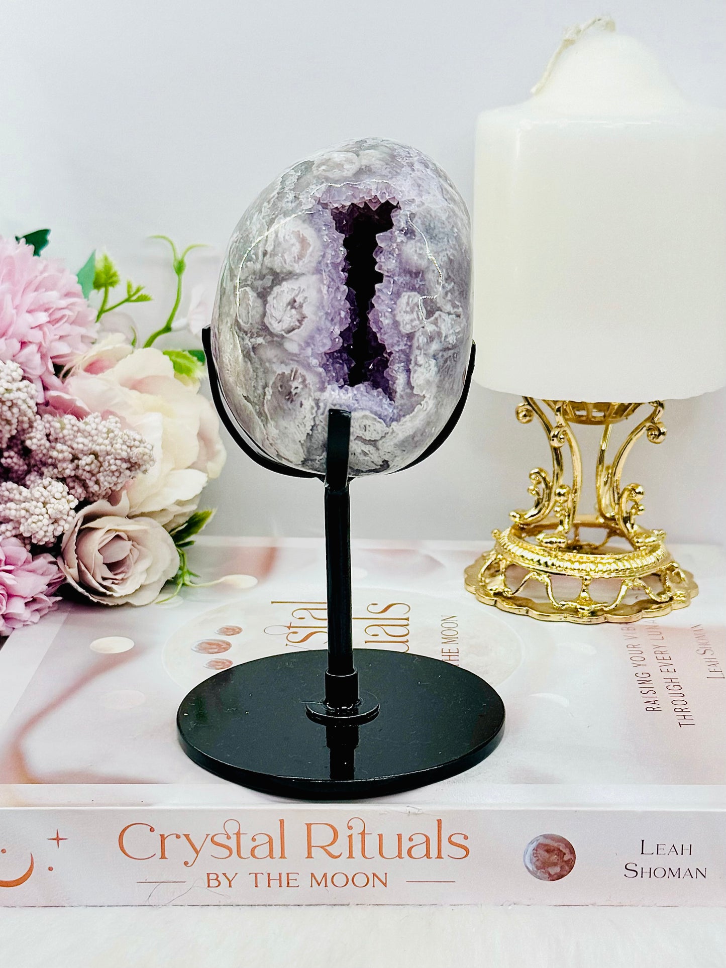 High Grade 14.5cm Druzy Pink Amethyst Freeform | Egg On Stand 558grams