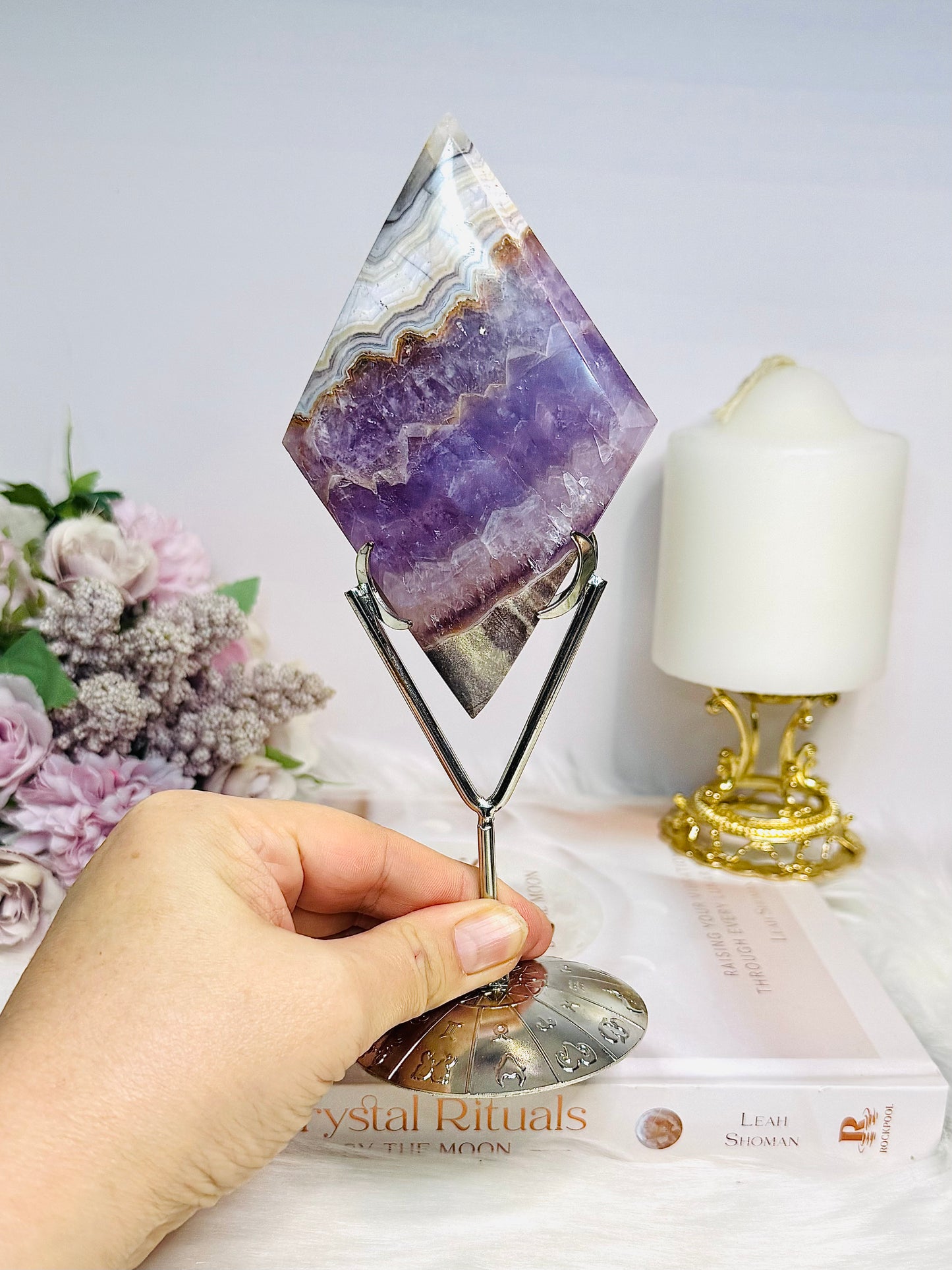 Crazy Lace Amethyst Diamond on Stand 19.5cm