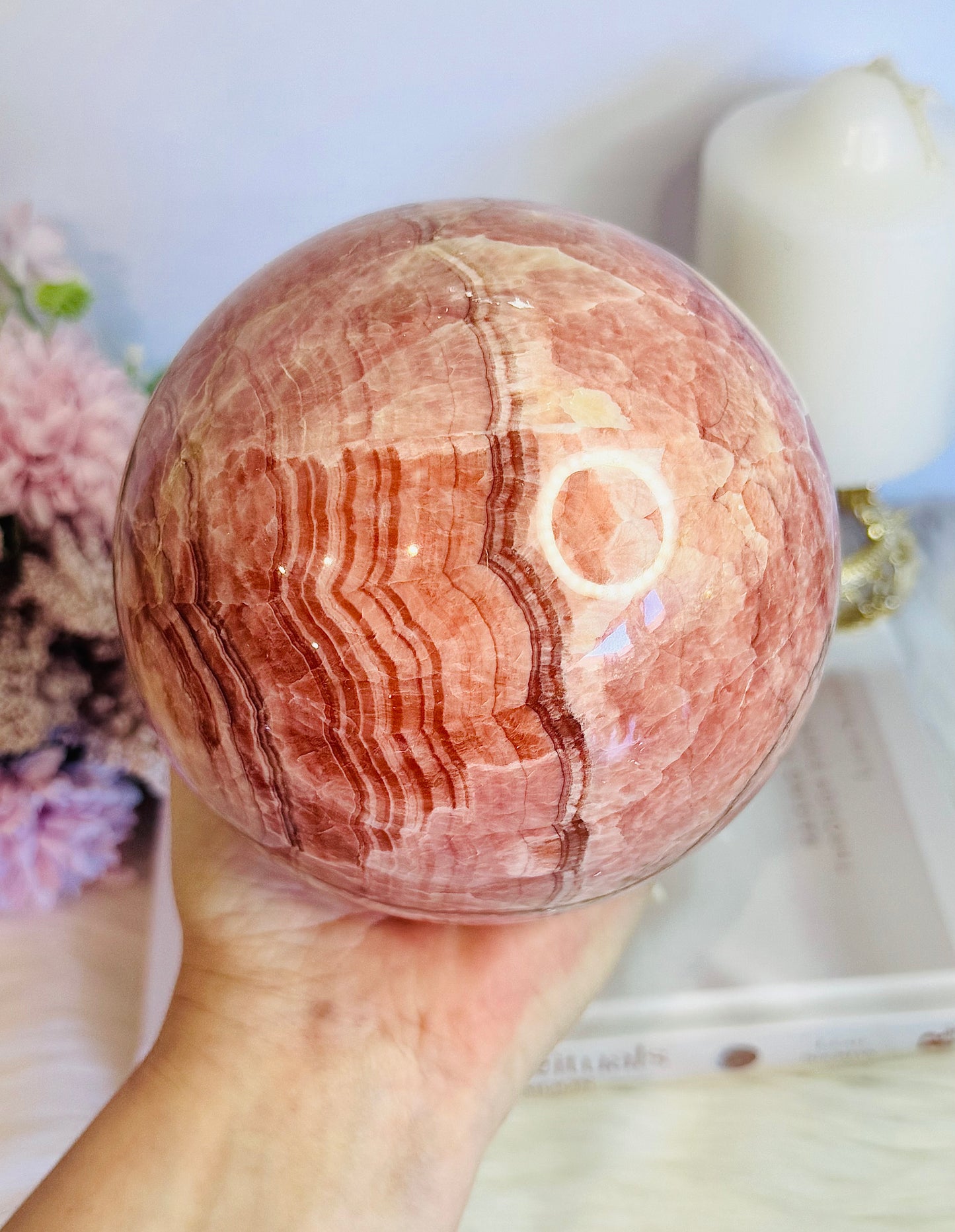 Huge 2.3KG Red Banded Calcite | Pork Stone Sphere On Stand