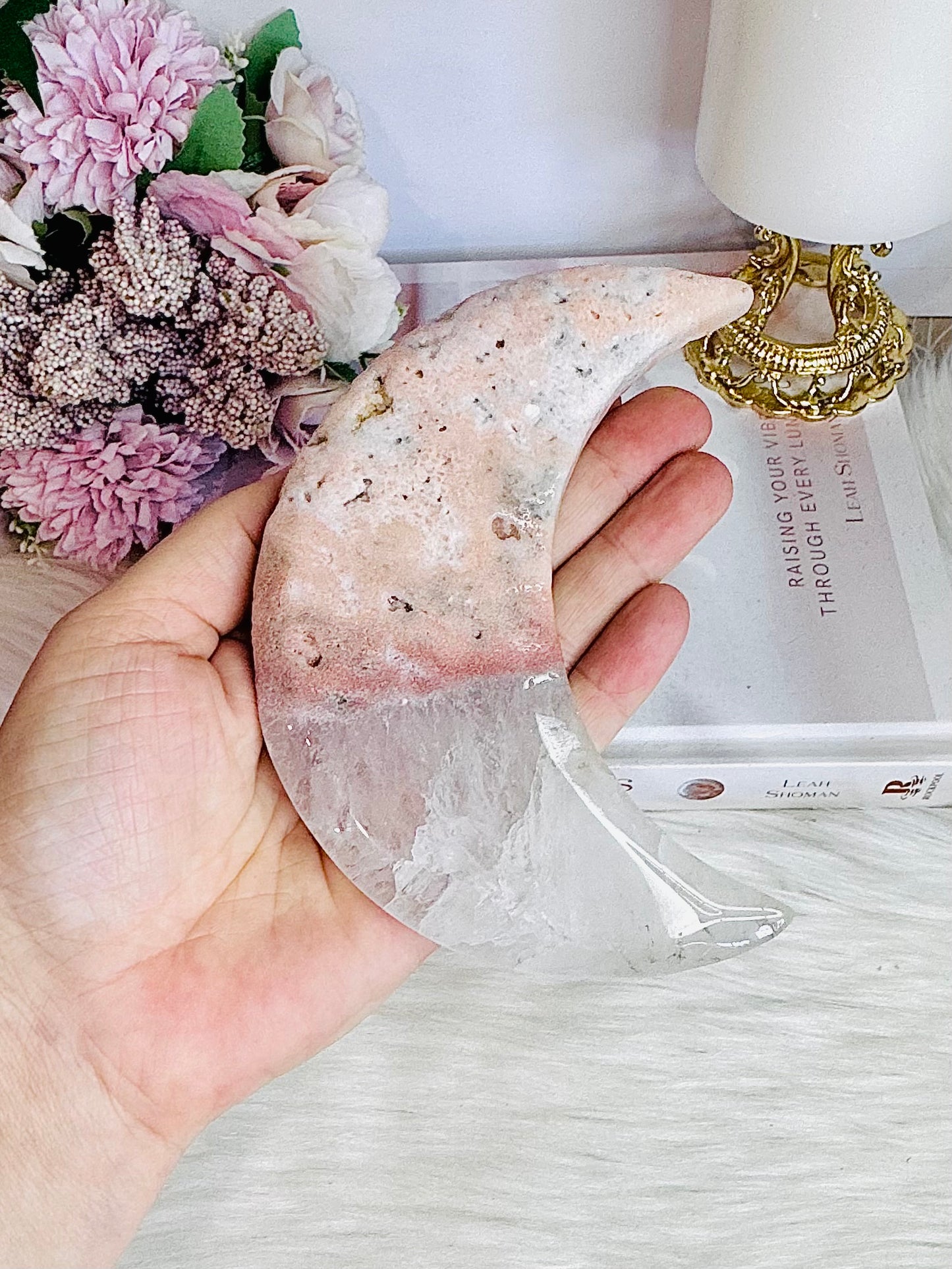Pink Amethyst With Quartz Carved Moon 12.5cm