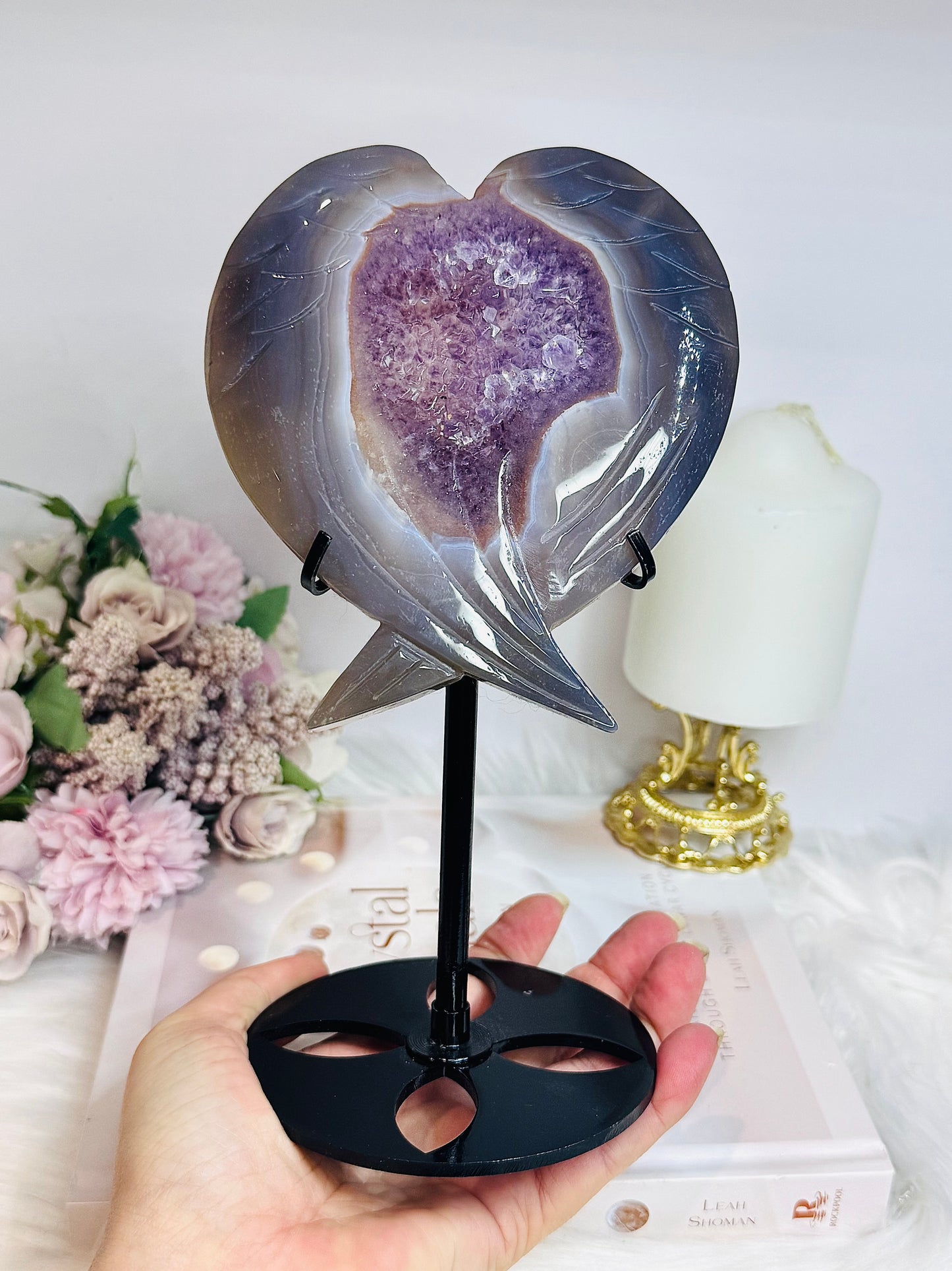Large Amethyst X Agate Druzy Wings / Heart on Stand 22.5cm