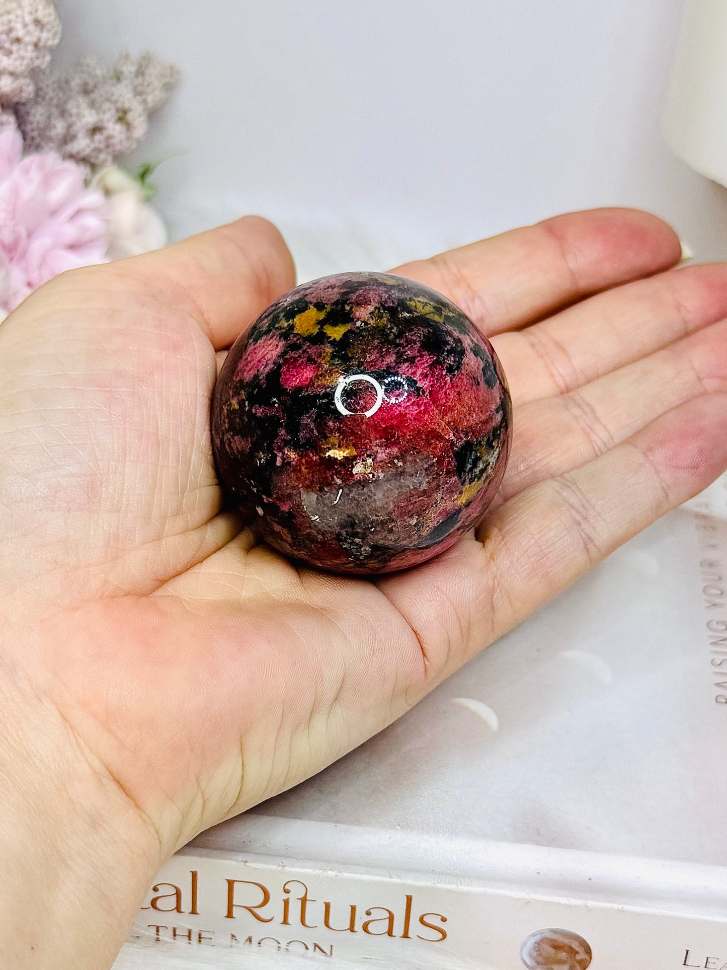 High Grade Rhodonite Sphere on Stand